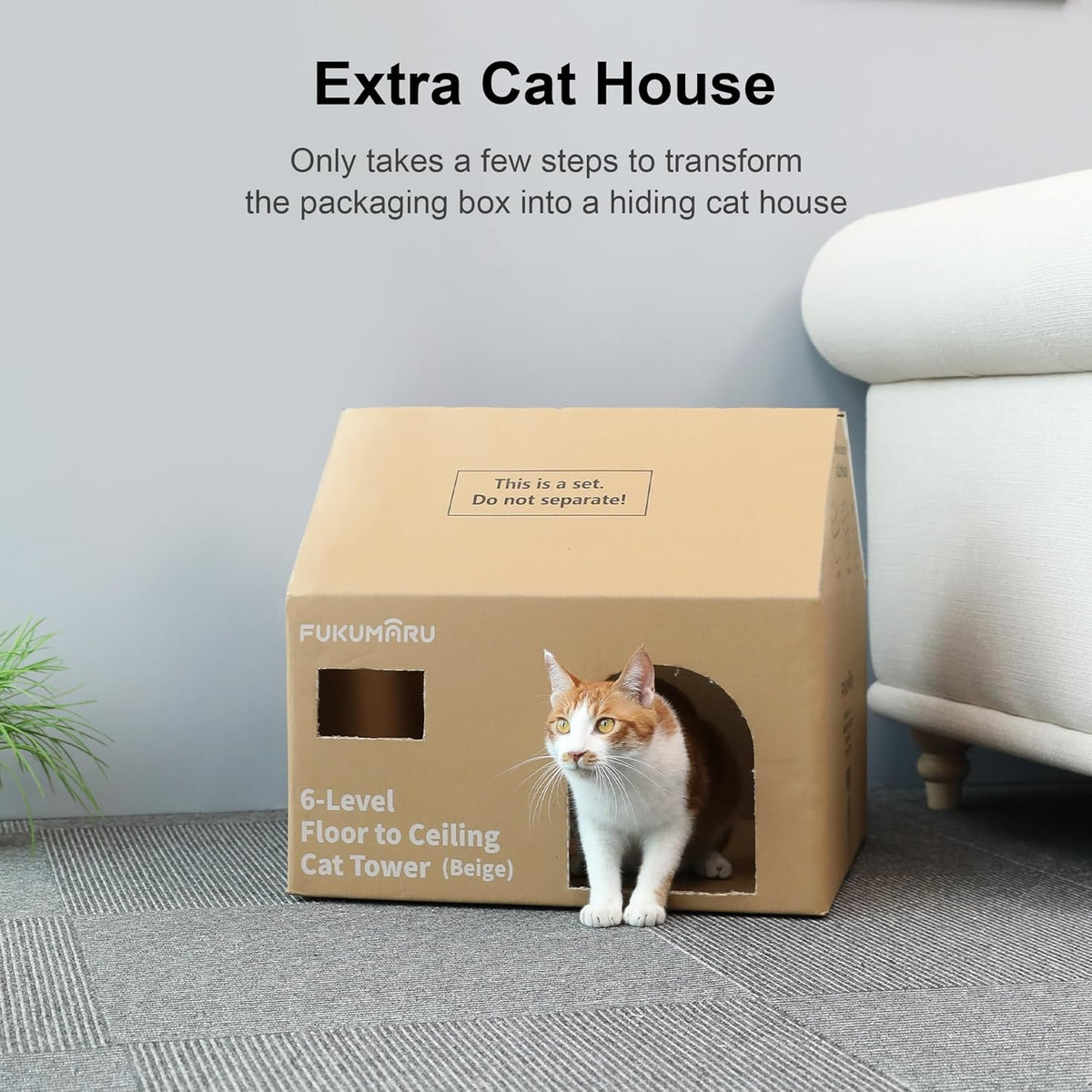 FUKUMARU Floor to Ceiling Cat Tree, 6 Level Adjustable Height (6-10 ft) Climbing Tower with