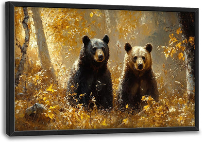 Large Forest Bear Wall Art for Living Room, Black Bear Autumn Canvas Oversized Wall Decor, Wildlife