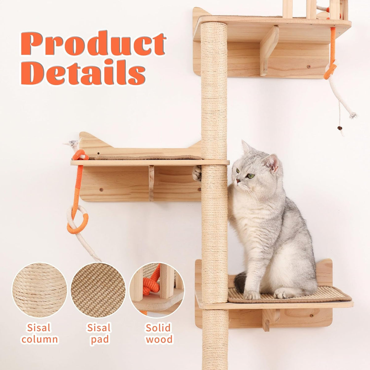Wall Mounted Cat Tree - 7 PCS Cat Wall Shelves & Perches with Tall Sisal Scratching Posts, Wall