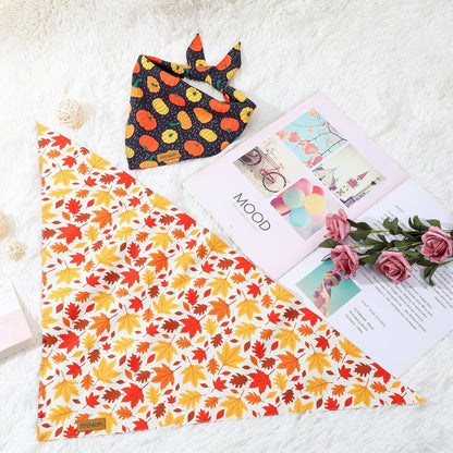 Fall Dog Bandanas - 2 Pack Halloween Thanksgiving Dog Bandana | Reversible Pumpkin and Leaf Pet
