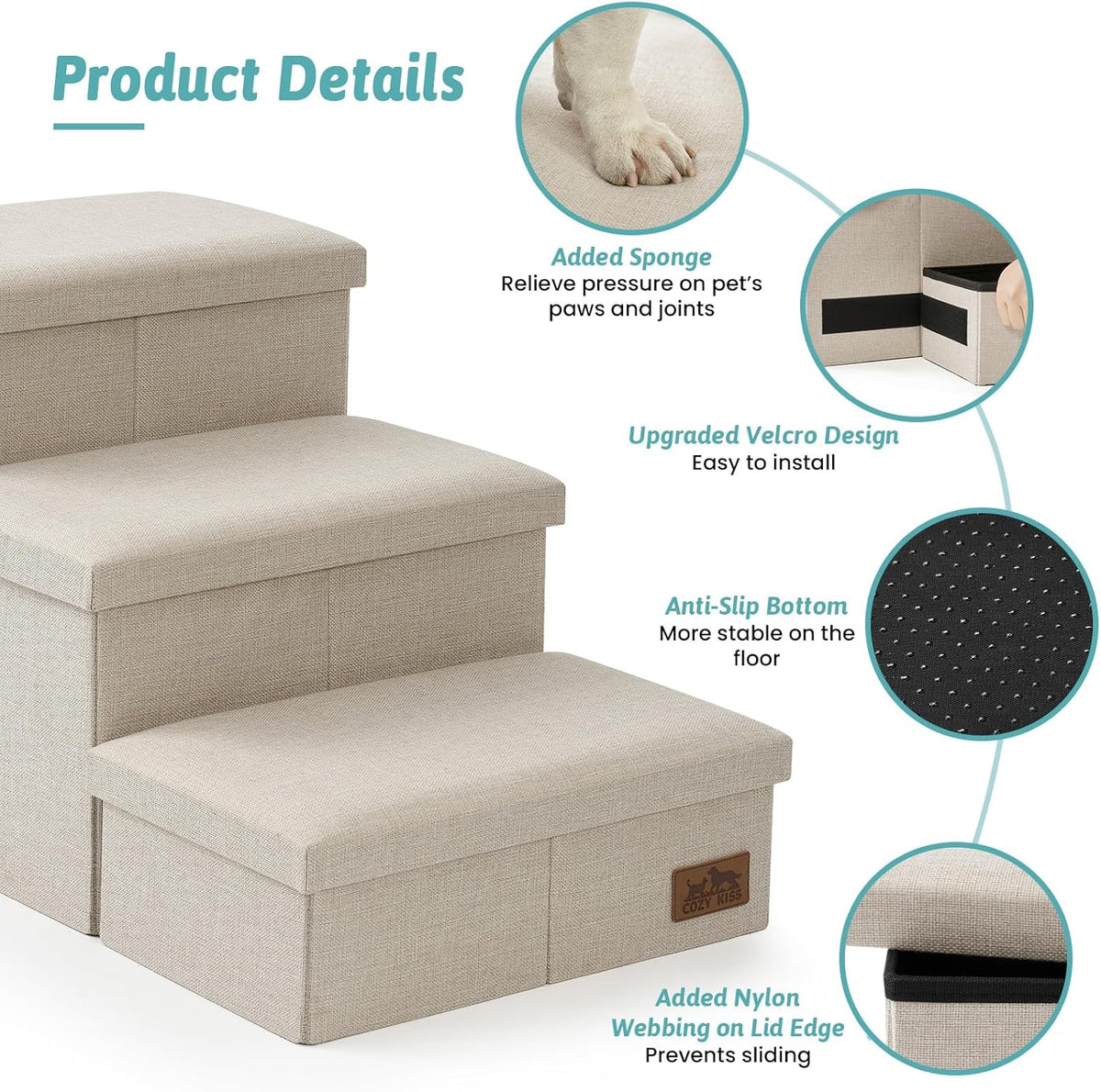 Dog Stairs with Storage, 4-Step Wider Sturdy Dog Steps for Small/Medium/Large Dogs and Older Cats