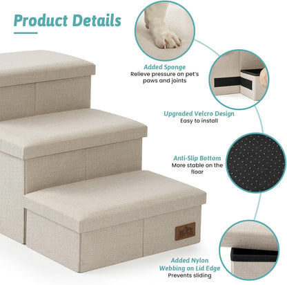 Dog Stairs with Storage, 3-Step Wider Sturdy Dog Steps for Small/Medium/Large Dogs and Older Cats