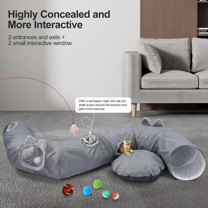 Odoland Summer Linen Cat Tunnels for Indoor Cats with Cooling Central Cat Bed, Interactive Cat Toys