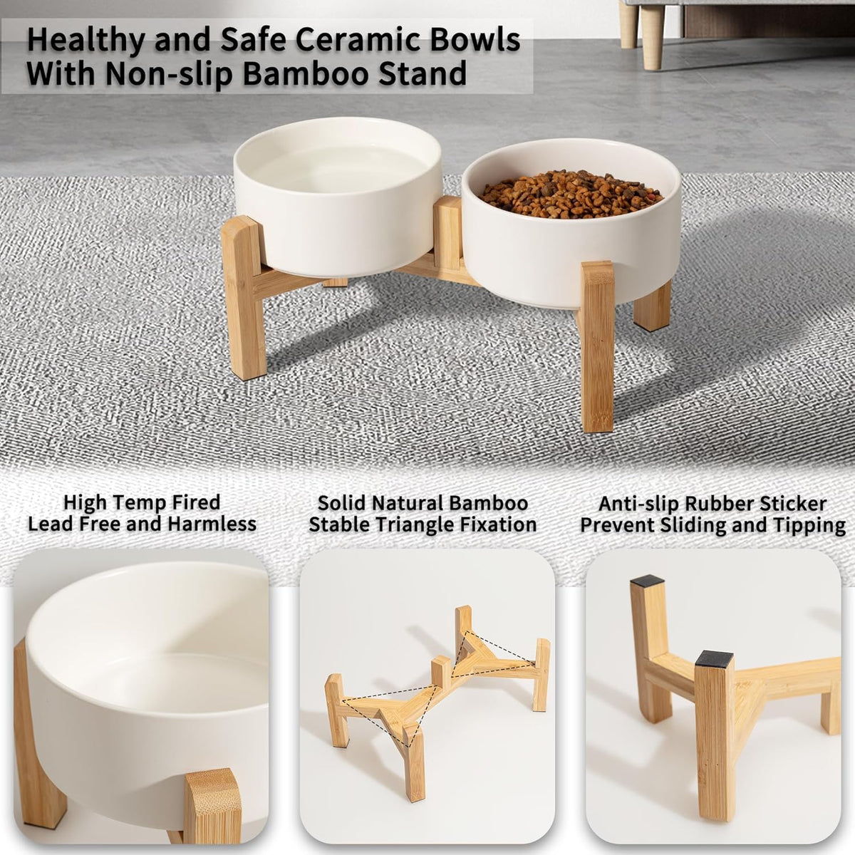 Elevated Ceramic Dog Bowl Set - Raised Dog Bowls with Non-Slip Bamboo Stand - Dog Food and Water