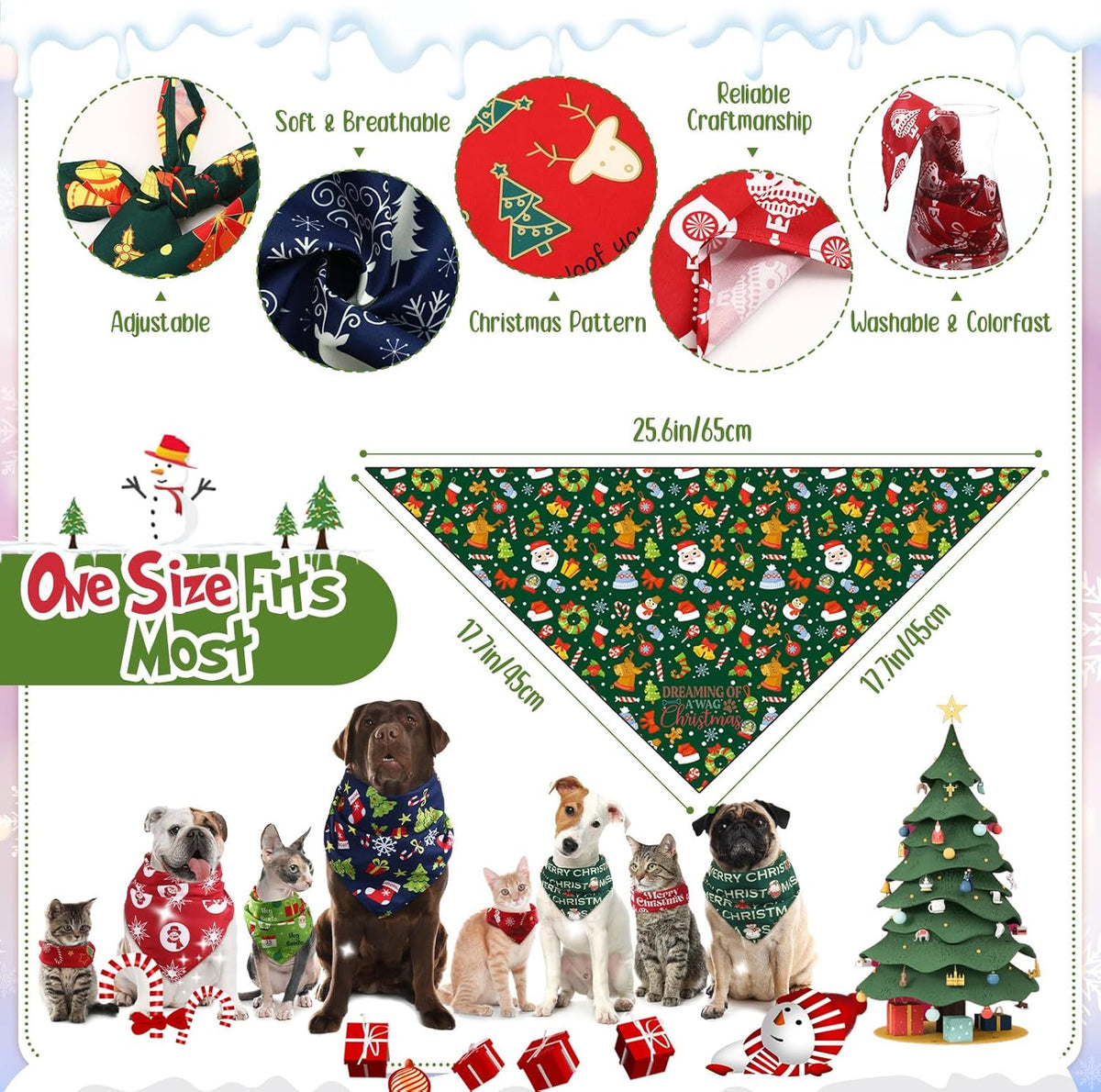 Abbylike 50 Pcs Christmas Dog Bandanas Bulk Pet Scarfs Triangle Bibs Adjustable Washable Puppy
