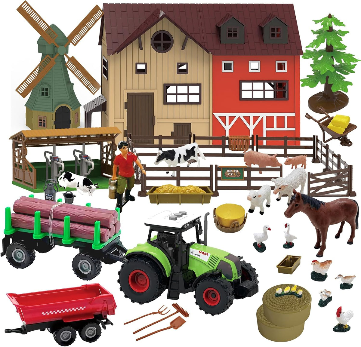 136PCS Farm Animals Toys Set Comes with Barn, Tractor Trailer, Milking shed, Windmill, Farmer