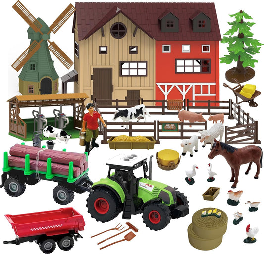136PCS Farm Animals Toys Set Comes with Barn, Tractor Trailer, Milking shed, Windmill, Farmer