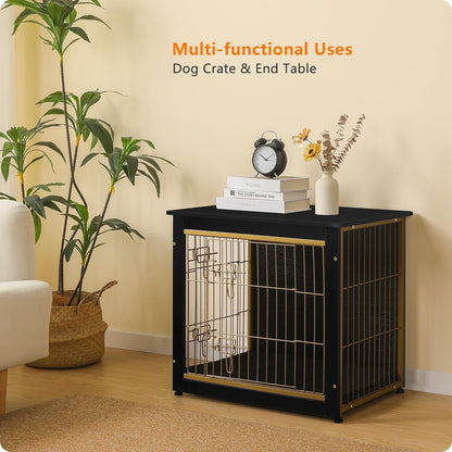 DWANTON Dog Crate Furniture with Cushion, Wooden Kennel Table with Double Doors, Indoor Dog House