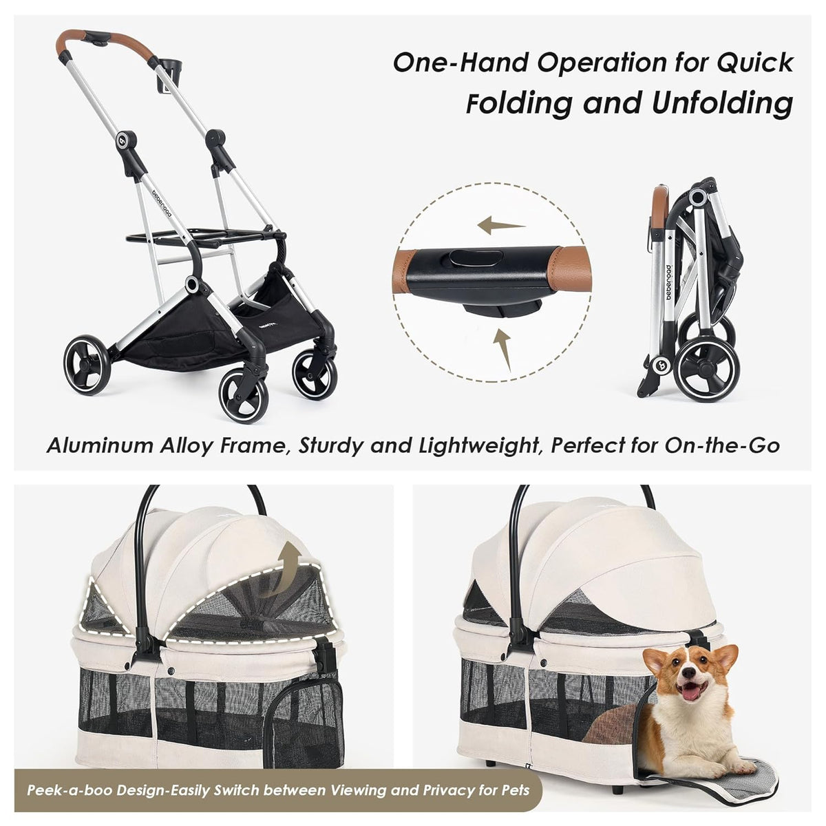 T3 Pro 3-in-1 Small Pet Stroller for Dog & Cats, 4 Wheels with Detachable Carrier with Pad, Canopy