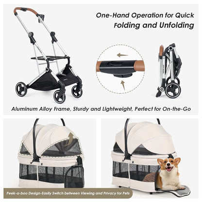 T3 Pro 3-in-1 Small Pet Stroller for Dog & Cats, 4 Wheels with Detachable Carrier with Pad, Canopy