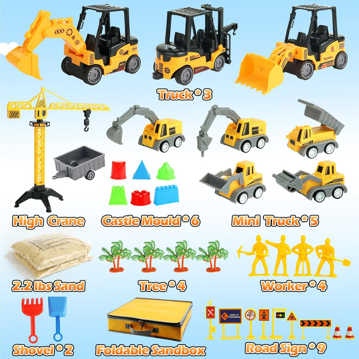 Sand Construction Site Kit - 37 Pcs Play Sand Art Kit with 8 Construction Trucks, Folding Sandbox