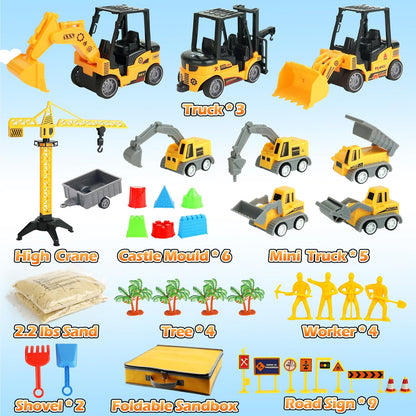 Sand Construction Site Kit - 37 Pcs Play Sand Art Kit with 8 Construction Trucks, Folding Sandbox
