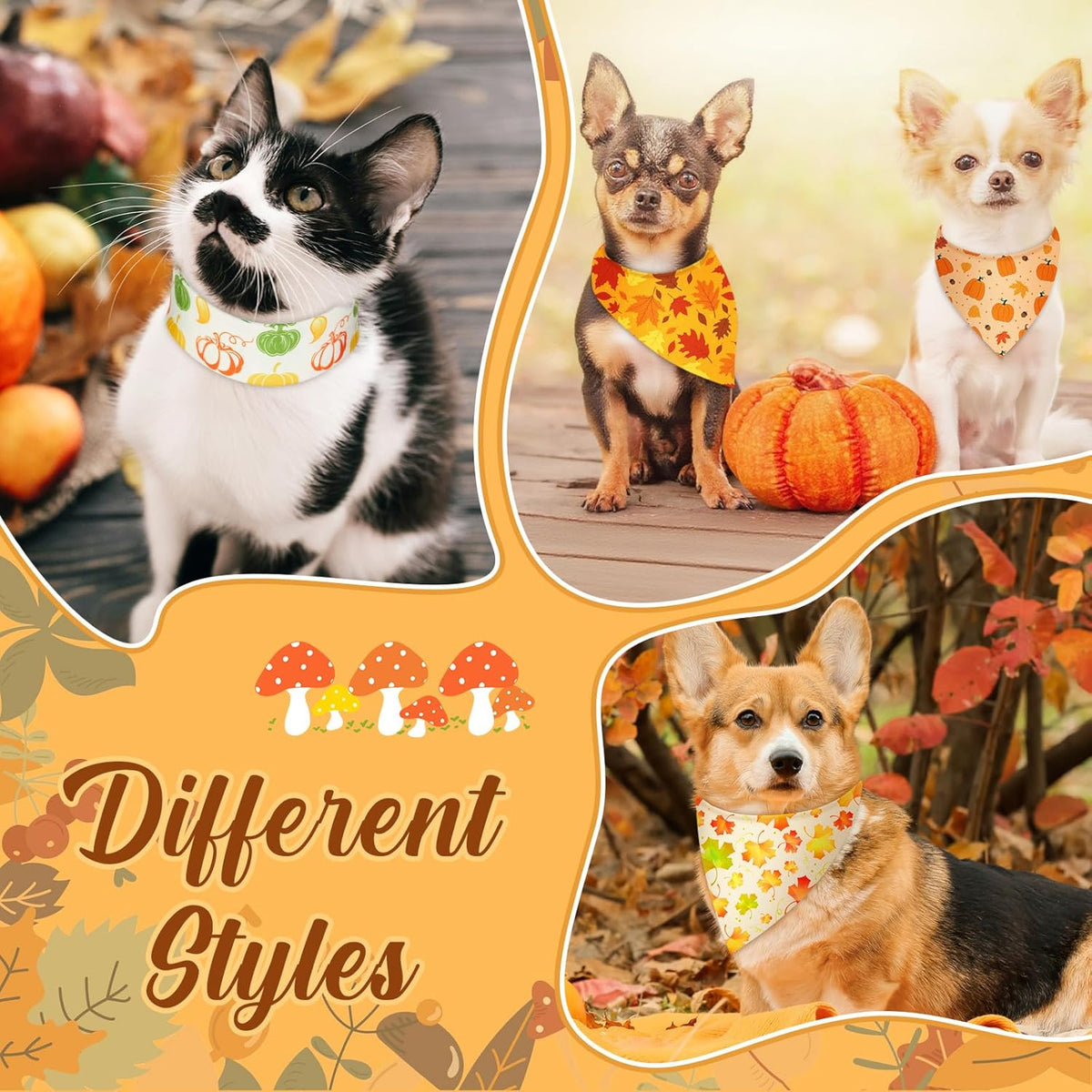 500 Pcs Fall Bandanas for Dogs Autumn Dog Bandanas with Maple Leaves Pumpkin Patterns Soft Bibs