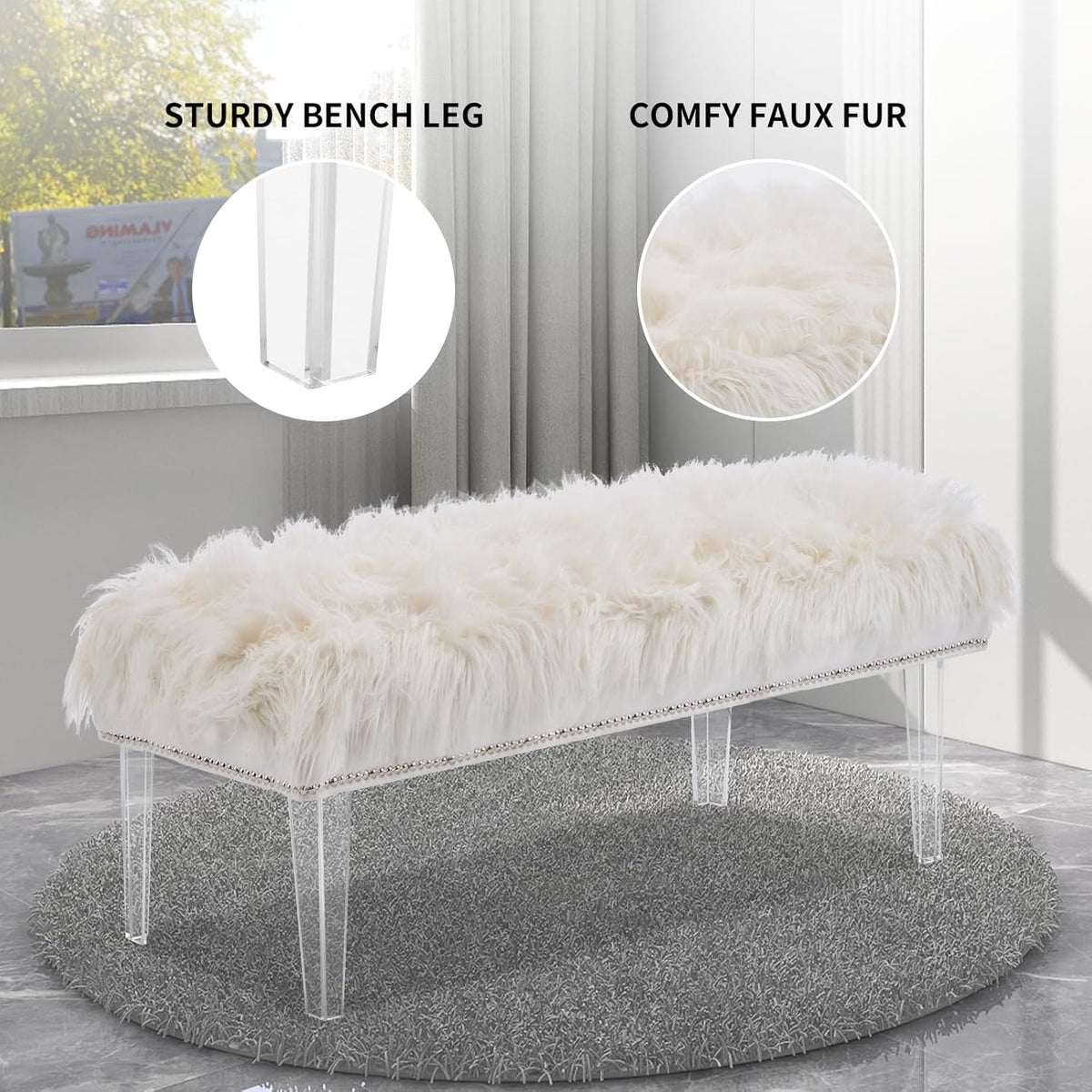 46 Inch White Bedroom Bench, Benches for Bedroom White Faux Fur Upholstered Bed end Bench, Tufting