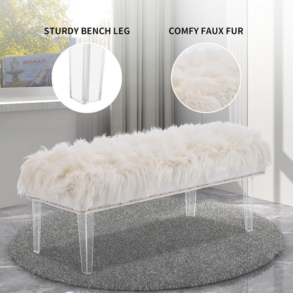 46 Inch White Bedroom Bench, Benches for Bedroom White Faux Fur Upholstered Bed end Bench, Tufting