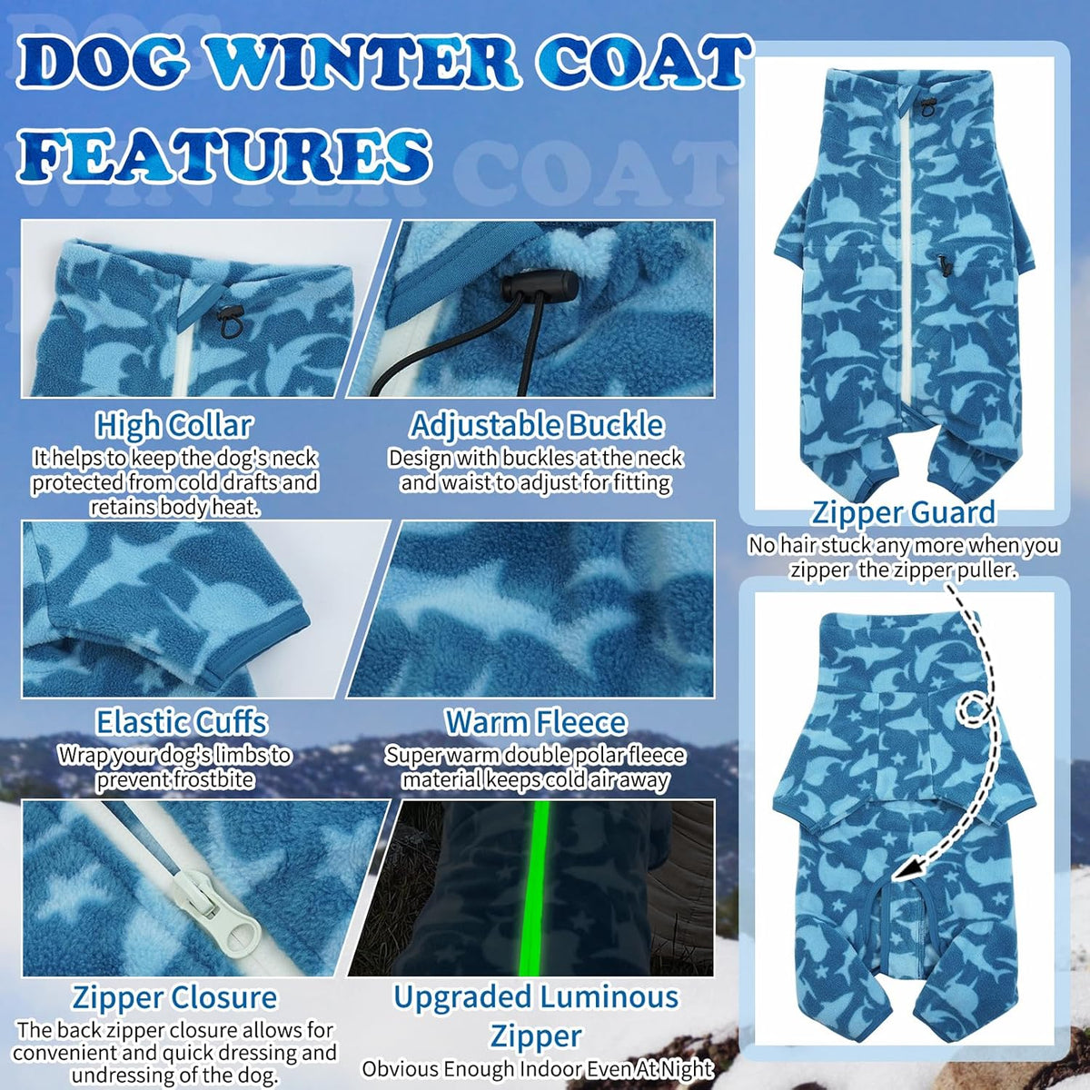 ROZKITCH Large Dog Fleece Pajamas, Pet Windproof Warm Cold Weather Jacket Vest with Luminous