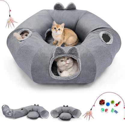Odoland Summer Linen Cat Tunnels for Indoor Cats with Cooling Central Cat Bed, Interactive Cat Toys