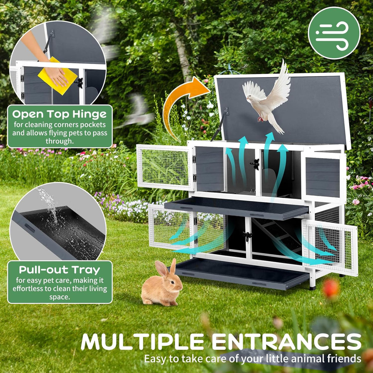 2 Story Solid Wood Rabbit/Bunny Hutch with 2 Large Main Rooms, Indoor Outdoor Rabbit House Guinea