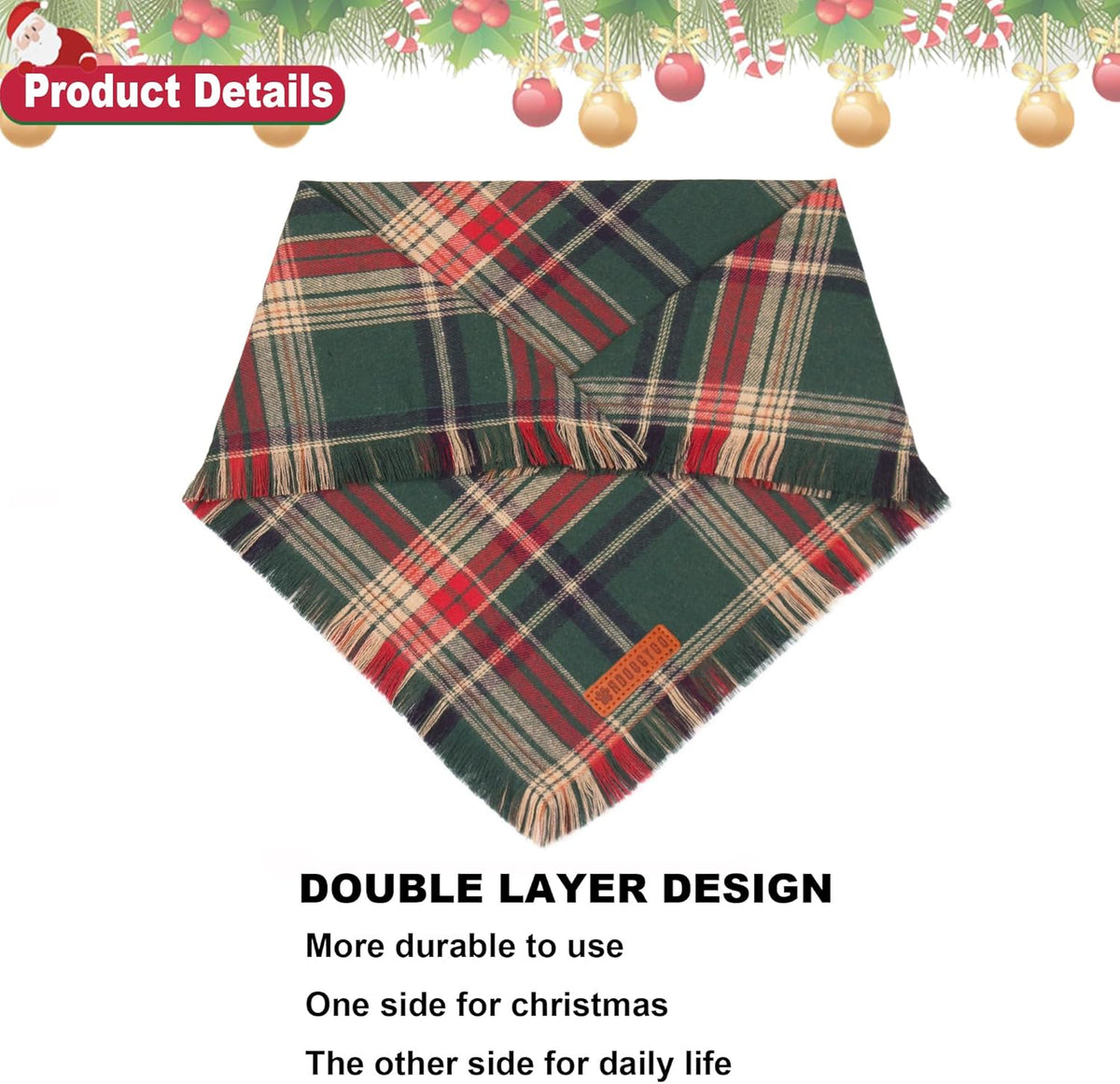 ADOGGYGO Christmas Dog Bandanas with Tassels Edges, Stylish Plaid Dog Christmas Scarf Bib, Multiple