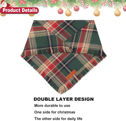 ADOGGYGO Christmas Dog Bandanas with Tassels Edges, Stylish Plaid Dog Christmas Scarf Bib, Multiple