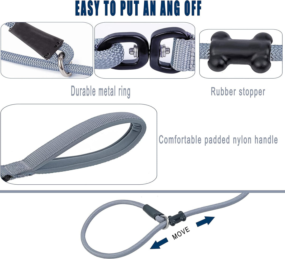 Slip Lead Dog Leash，Strong Nylon Rope Leash and Padded Handle,No Pull Outdoor Walking Training Lead