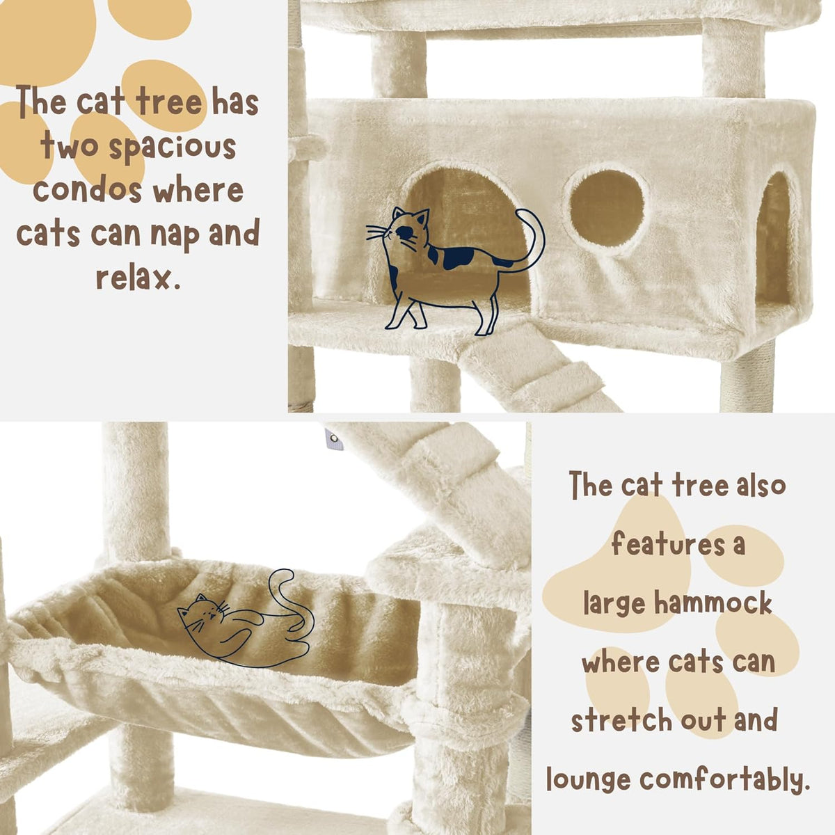 Cat Tree, 80-Inch Large Cat Tower with 9 Scratching Posts, 2 Perches, 2 Caves, 2 Basket, 2 Stairs