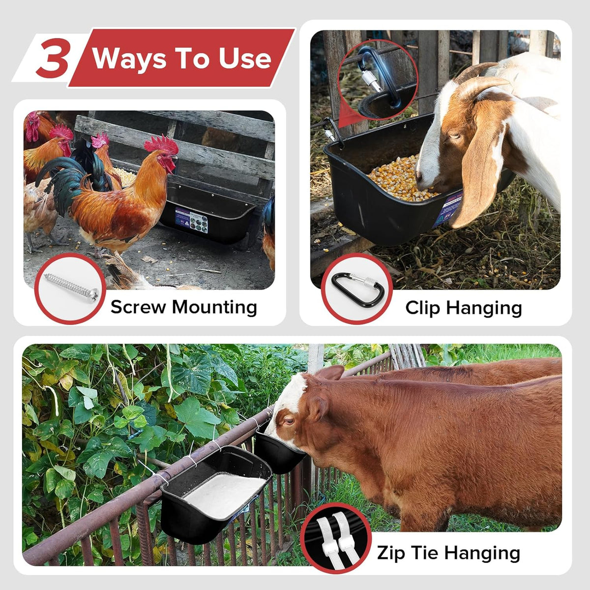 Goovilla Large Feed Trough, Hanging or Screw-in Fence Feeder with Clips, 2 Pack 9 Quart Goat Feeder