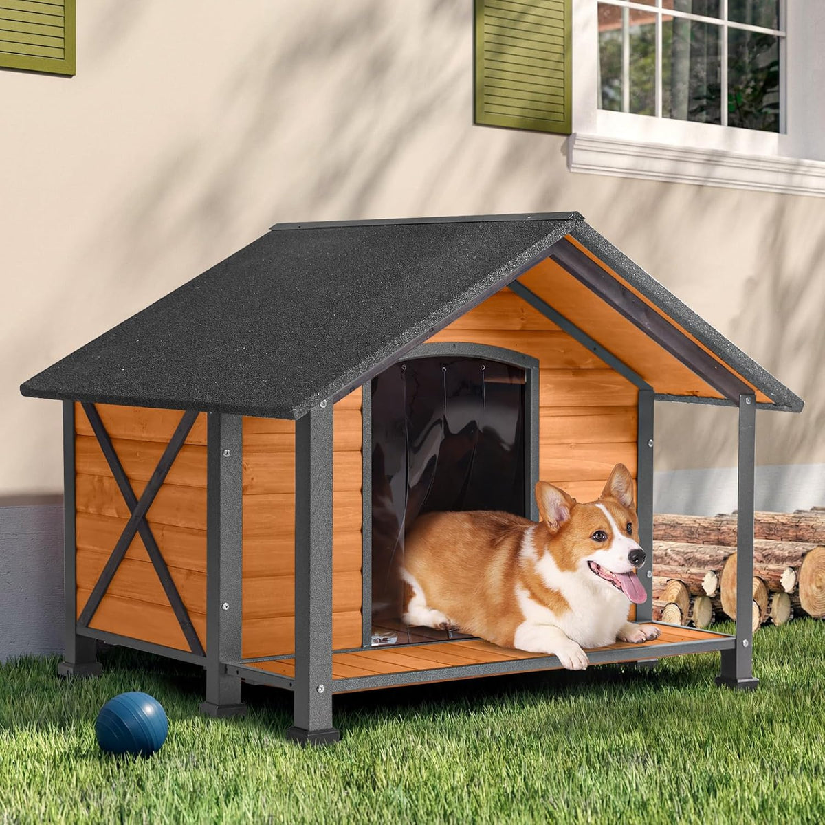 Dog House Outdoor & Indoor Unique All-Around Iron Frame Dog Kennel for Winter with Raised Feet for