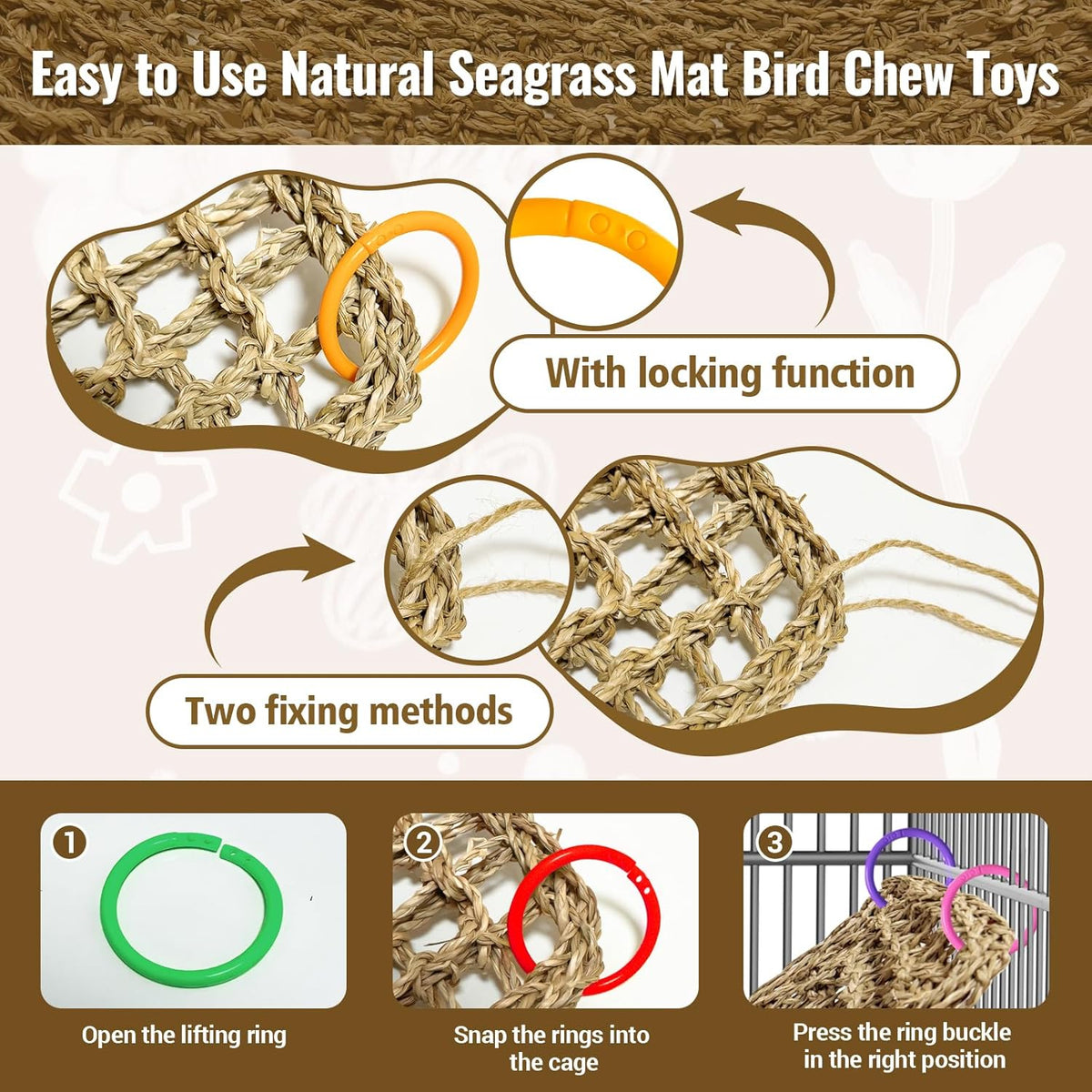 2Pcs 29.5 x 7 inches Large Bird Seagrass Mat Grass Woven Net Parrot Hammock Mat Parakeet Climbing