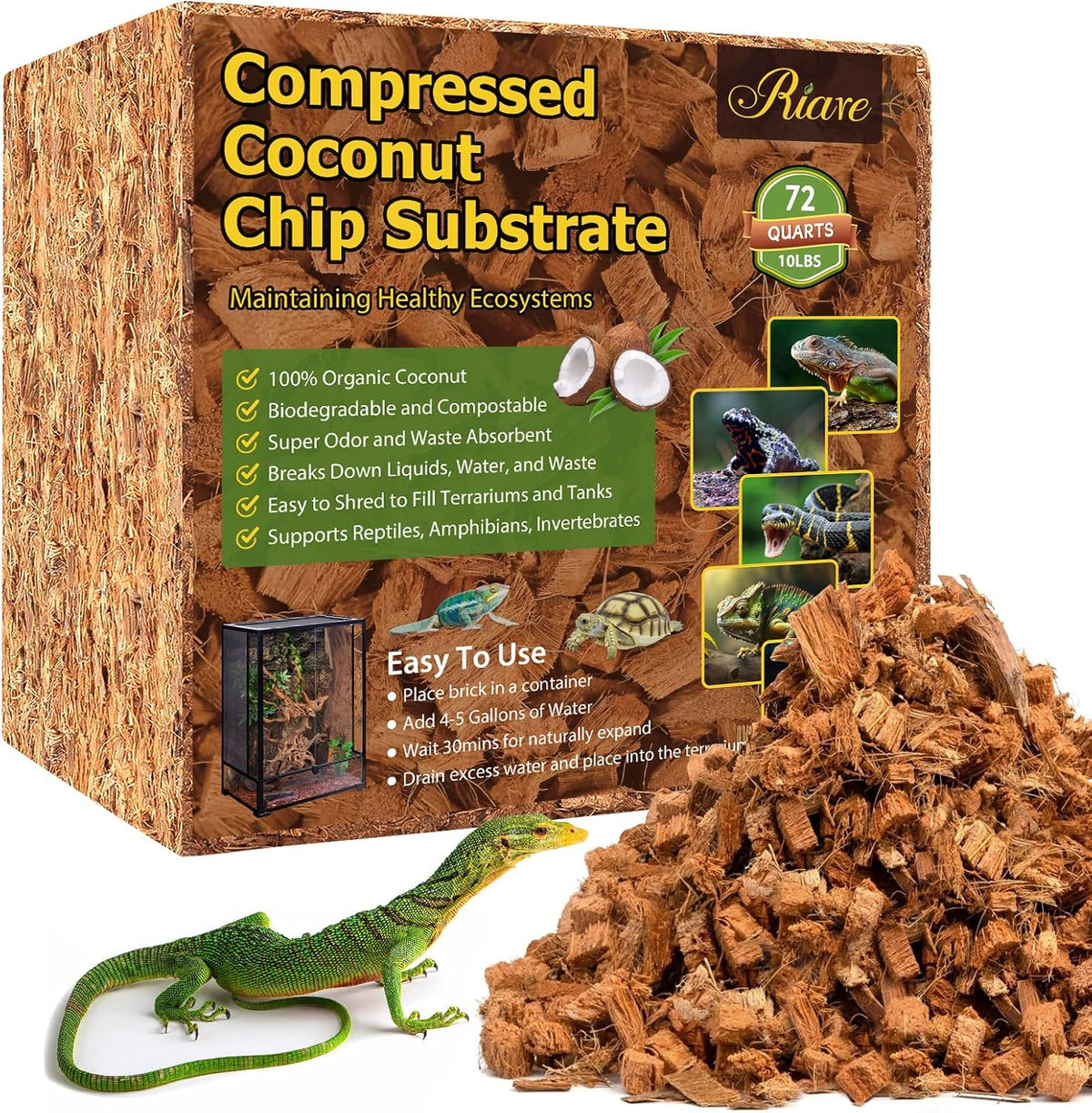 Riare 10LB Coconut Chip Substrate for Reptiles, 72 Quart Coconut Fiber Substrate Coco Chips