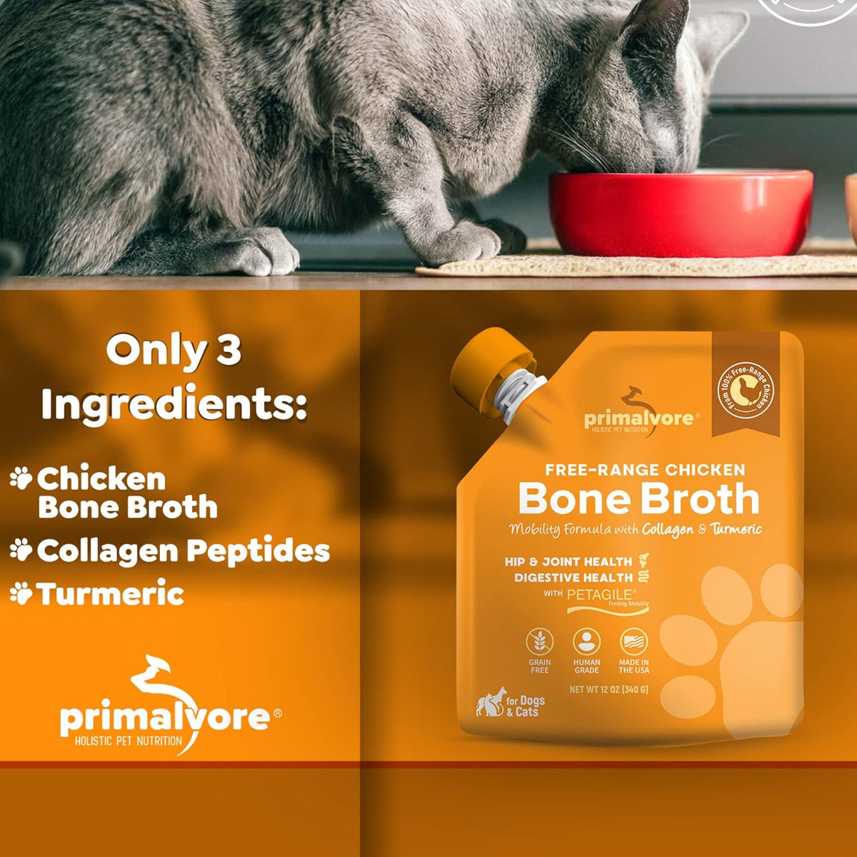 Primalvore Free-Range Bone Broth for Dogs &Cats, Mobility Formula w/Collagen Peptides to Help