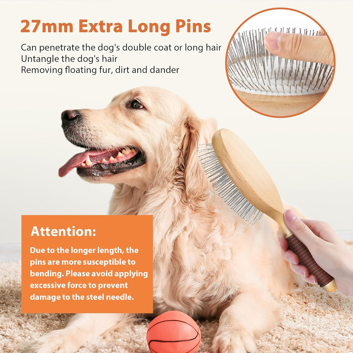 Dog Brush for Long Haired Dogs, 27mm Extra Long Pin Brush for Grooming, Shedding - Beech Wood
