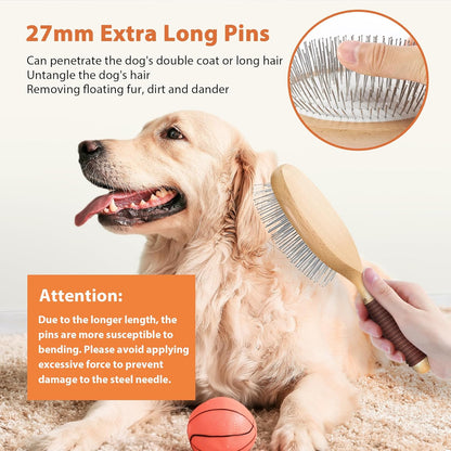 Dog Brush for Long Haired Dogs, 27mm Extra Long Pin Brush for Grooming, Shedding - Beech Wood