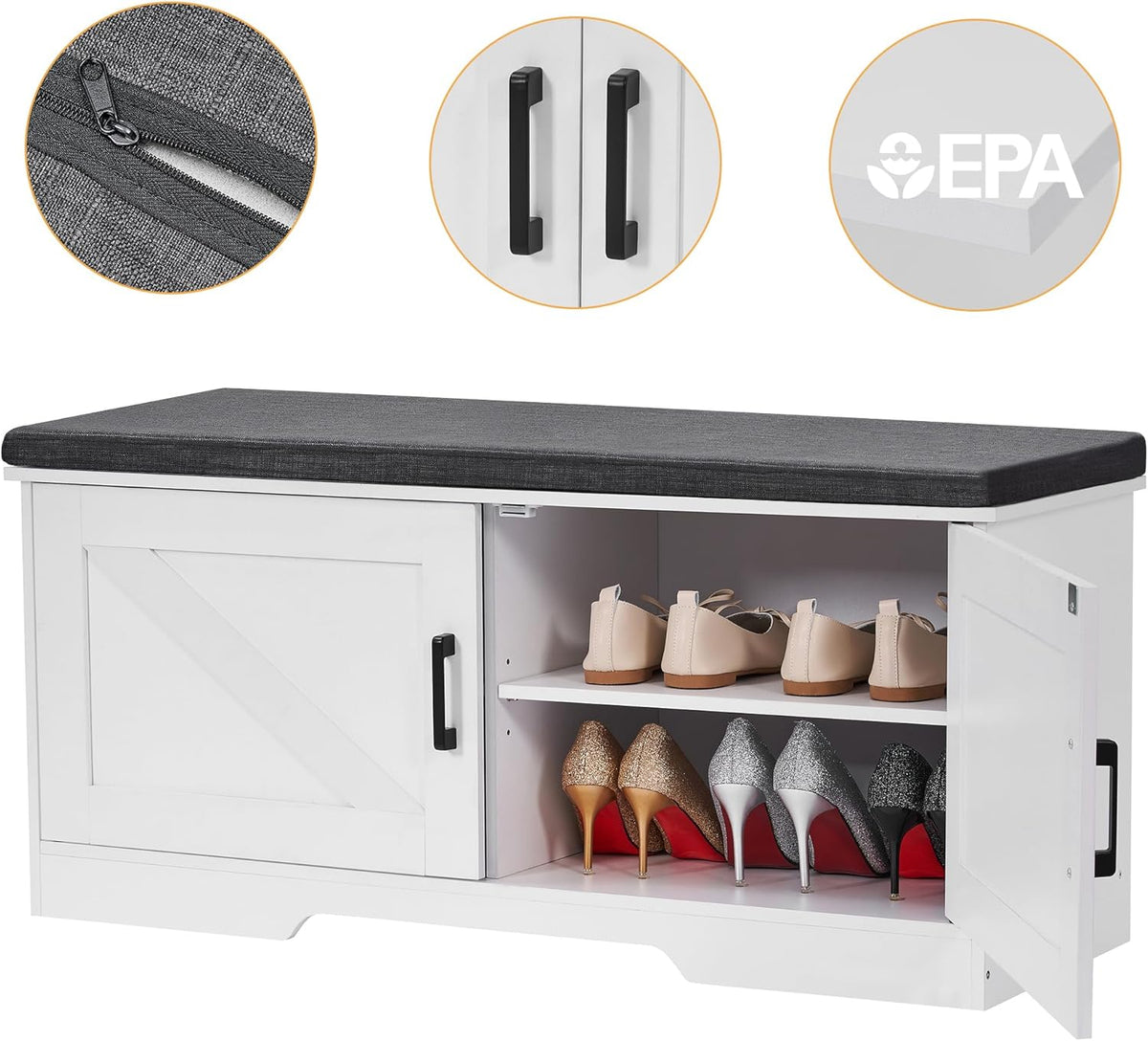 2-Tier Storage Bench, Shoe Bench with Padded Seat Cushion, Entryway Bench with 2 Barn Doors