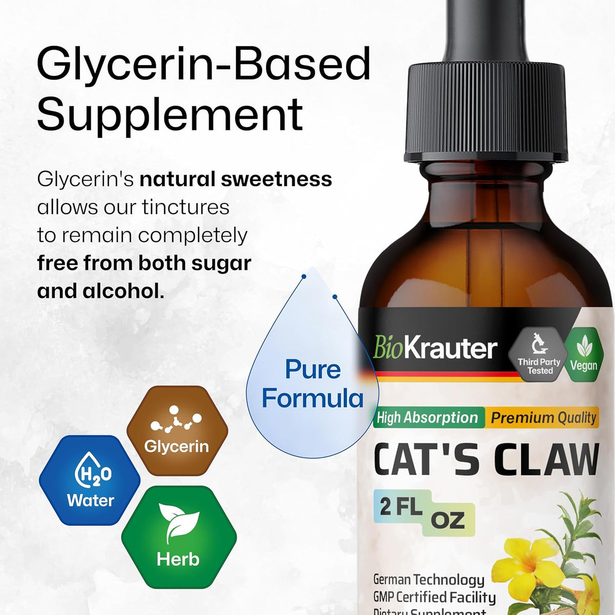 BIO KRAUTER Cats Claw Tincture - Vegan Cat's Claw Supplement - Immune Support - Alcohol & Sugar