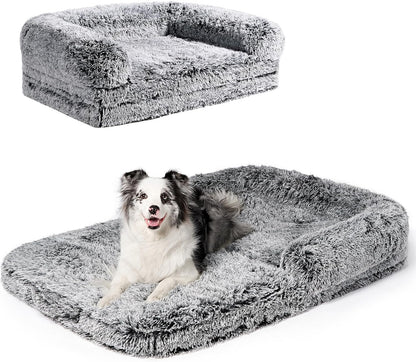 EHEYCIGA Foldable XXL Dog Bed, Faux Fur Fluffy Pet Couch Bed for Extra Large Dogs, Orthopedic