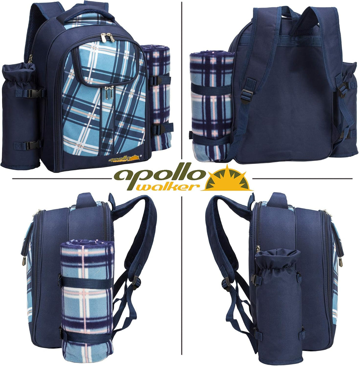 Apollo Walker Picnic Backpack Bag for 2 Person with Cooler Compartment, Detachable Bottle/Wine