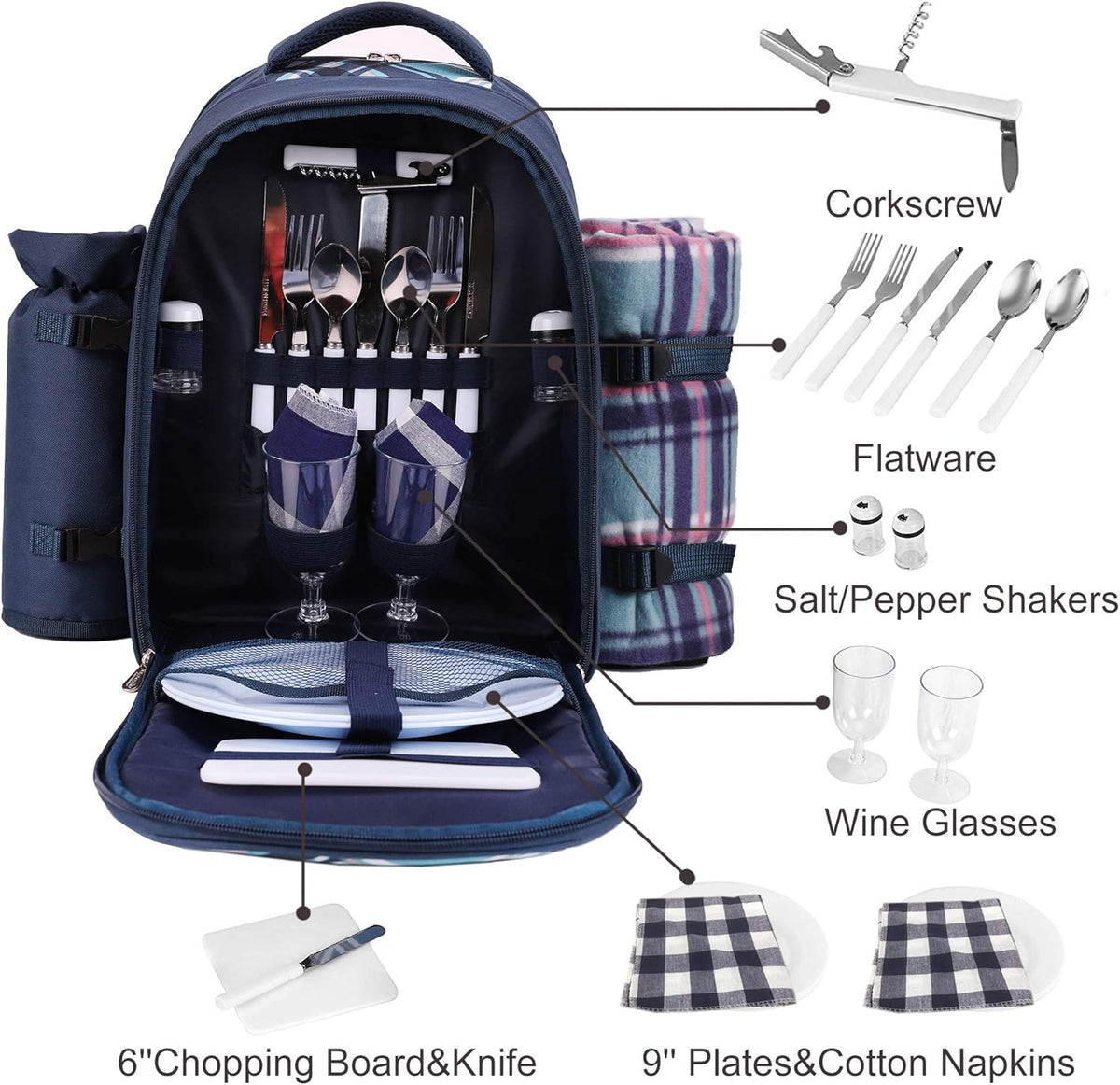 Apollo Walker Picnic Backpack Bag for 2 Person with Cooler Compartment, Detachable Bottle/Wine