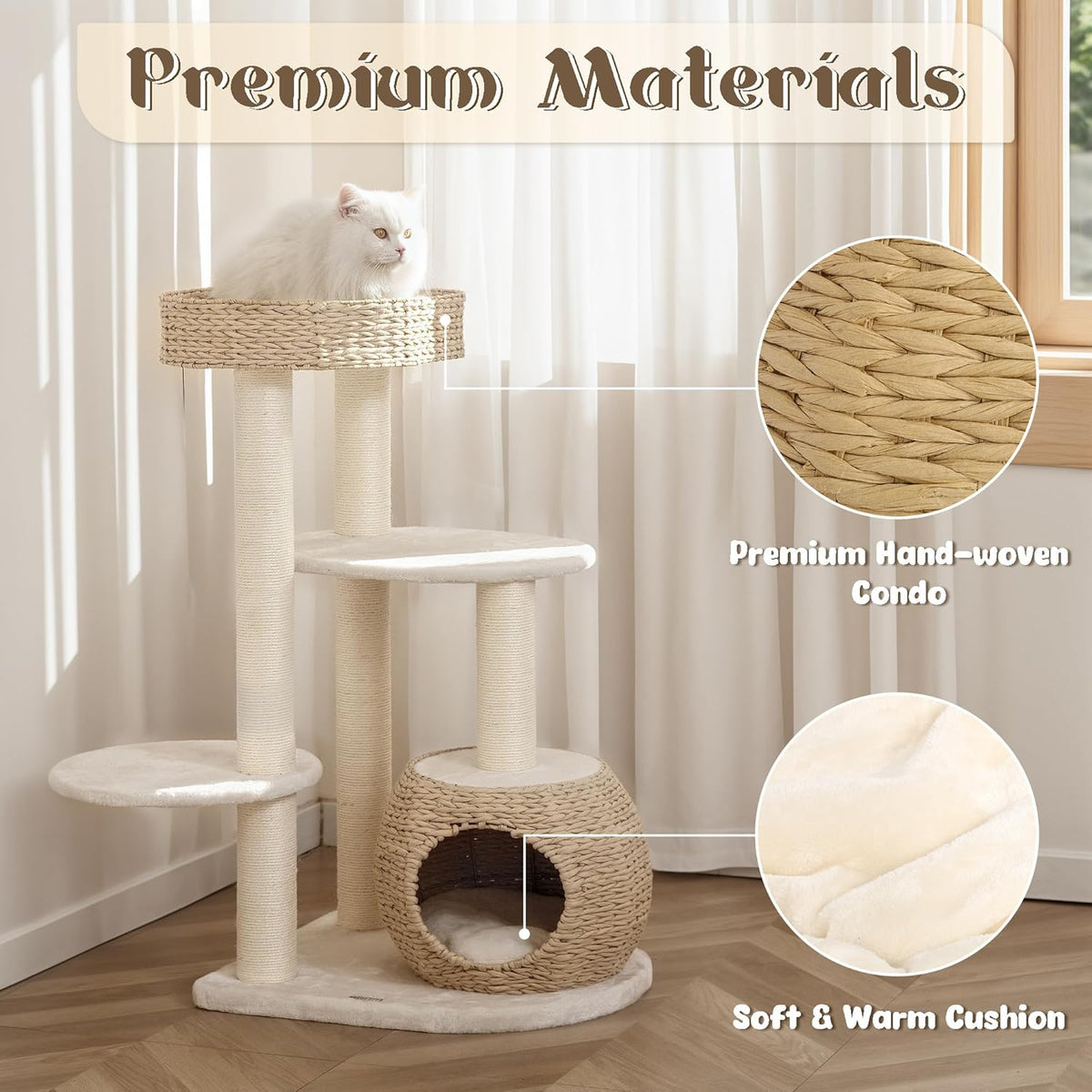 KAMABOKO Modern Cat Tree, 39" Tall Cat Trees for Indoor Cats, Cat Condo Natural Sisal with