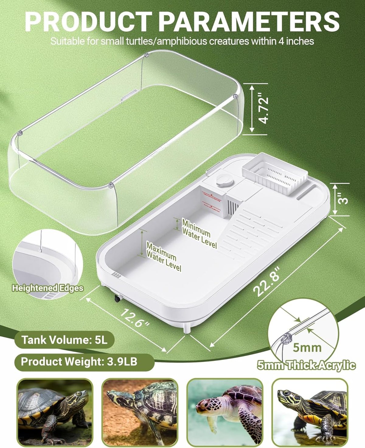 Large Turtle Tank Kit with Lamp and Filter, Acrylic Turtle Tank Starter Kit, Tank Aquarium with