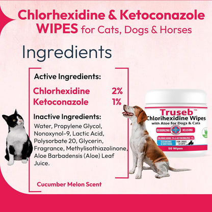 Truseb Topical Ketoconazole and Chlorhexidine Wipes for Dogs, Cats and Horses - with Aloe for
