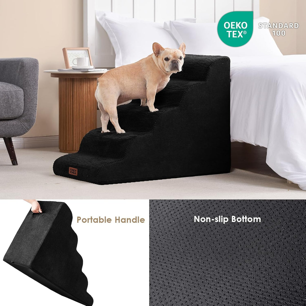 EHEYCIGA Curved Dog Stairs Ramp for High Beds, 5-Step Extra Wide Dog Steps for Small Dogs and Cats