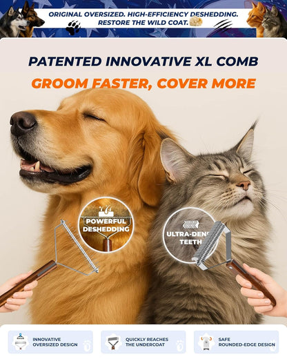 Extra Large 2-Sided Undercoat Rake for Dogs & Cats, Dog Brush for Shedding Remove Mats, Dematting