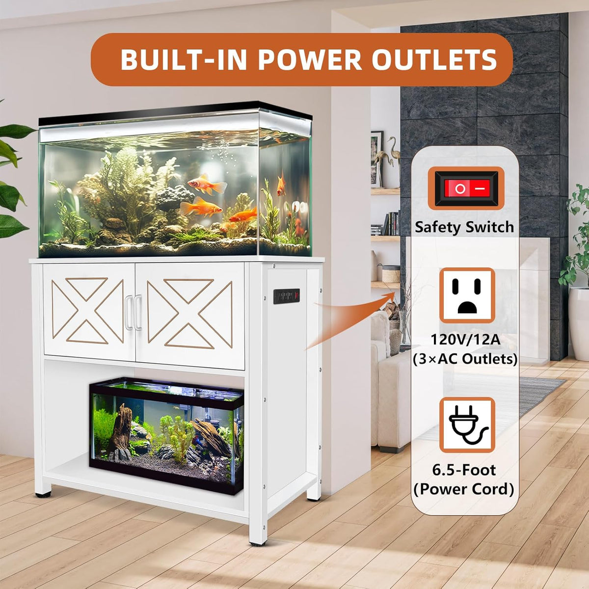 40 Gallon Tank Stand with Cabinet and Power Outlets, Heavy Duty Metal Aquarium Stand for 40-50