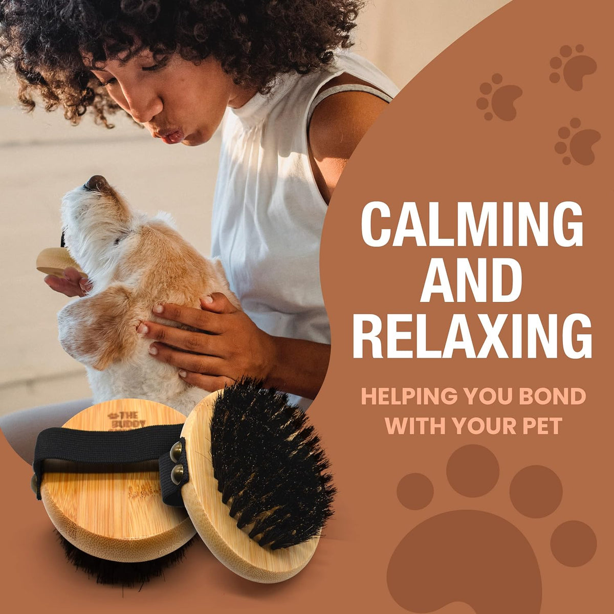 The Buddy System Pet Close Brush, Soft Touch Oval Palm Brush - Bamboo Massage Handheld with Soft