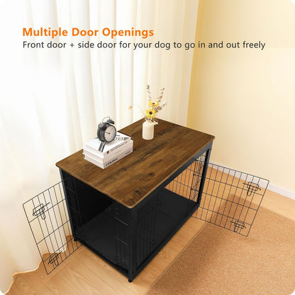 DWANTON Dog Crate Furniture with Cushion, Wooden Kennel Table with Double Doors, Indoor Dog House