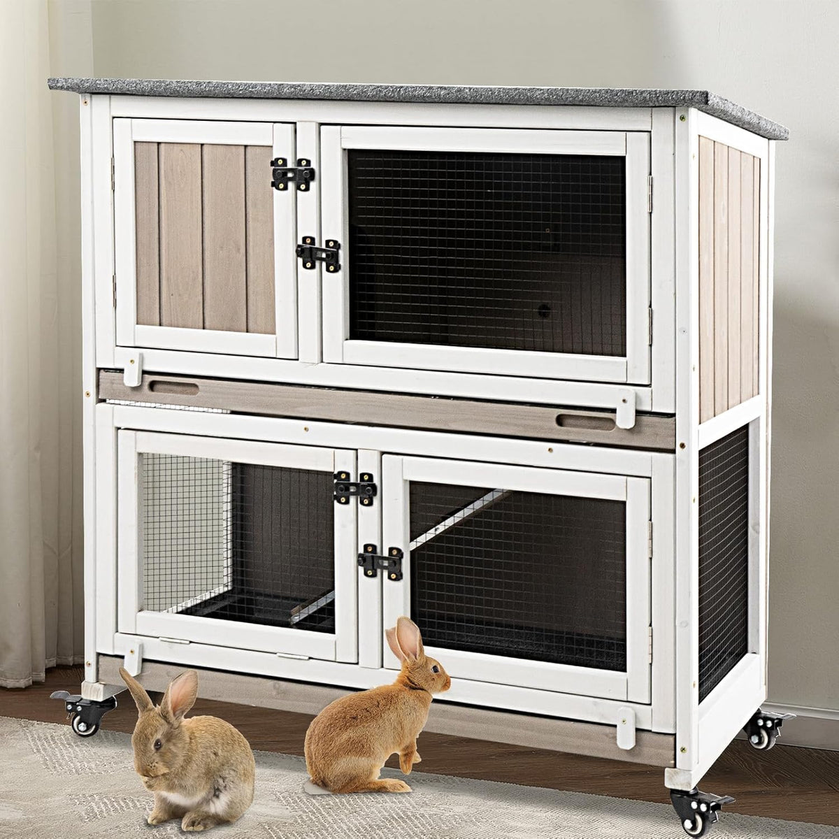 36" L Rabbit Hutch Indoor with 4 Metal Wheels, 2-Story Wooden Bunny Hutch Outdoor Bunny Cage, 2