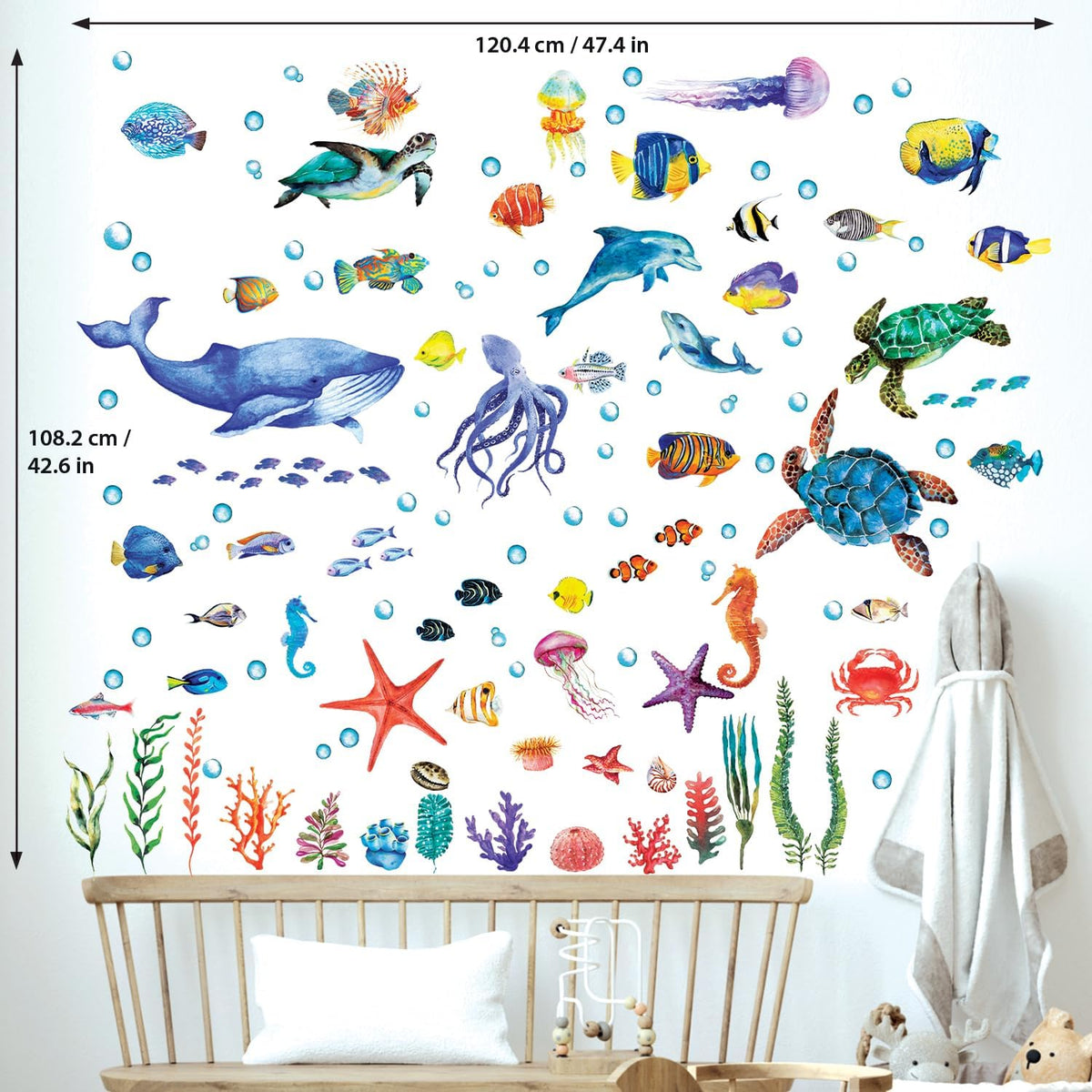 BASHOM DS12-8048 128 Pieces Under The Sea Wall Decals Ocean Fish Stickers Turtle Jellyfish Seaweed