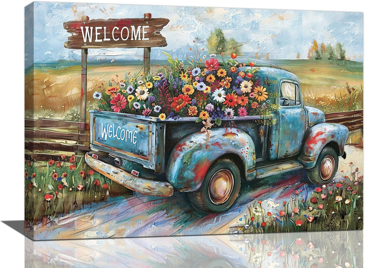 Farmhouse Truck Wall Art Rustic Country Wildflowers Wall Decor Road Flowers Landscape Pictures