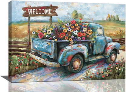 Farmhouse Truck Wall Art Rustic Country Wildflowers Wall Decor Road Flowers Landscape Pictures